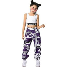 Mergaičių hiphopo gatvės šokių drabužių rinkinys, džiazo šokių apranga, marškinėliai ir kamufliažinės kelnės.