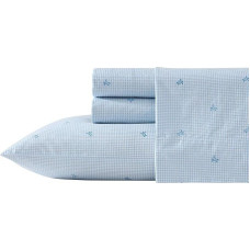 Laura Ashley Cotton Percale Bedding Set Lightweight Breathable Home Decor (Turtle Gingham Blue, Full)