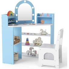 COSTWAY Children's Corner Dressing Table with Lighting, Princess Dressing Table with 3 Coloured LED Mirrors, 3 Storage Compartments, 5 Open Compartments & Accessories, Corner Children's Make-Up Table