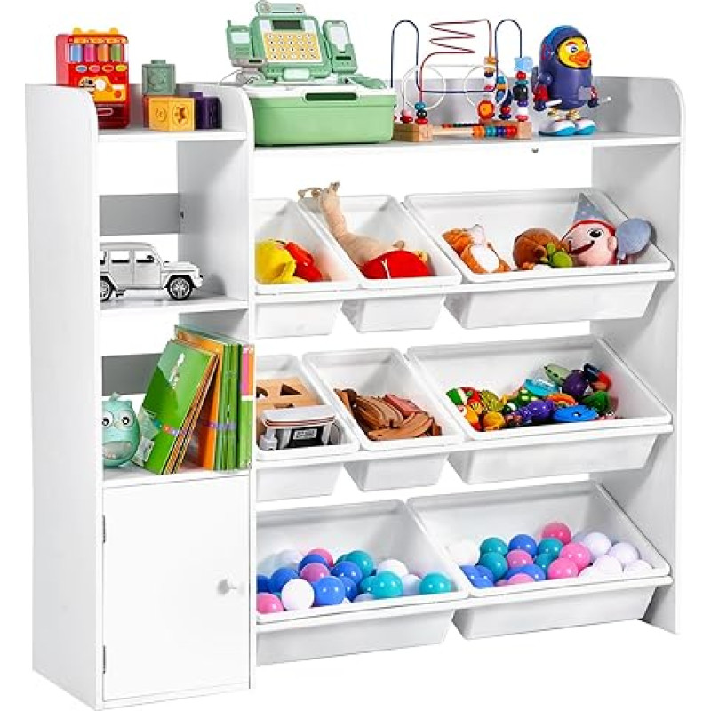 VEVOR žaislų saugojimo lentyna, 4 aukštų daugiafunkcinė lentyna su 8 lanksčiomis plastikinėmis talpyklomis, spinta miegamajame, klasėje, vaikų kambaryje, balta