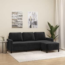 3-Sitzer-Sofa mit Hocker Schwarz 180 cm Samt, Sofa Couch für Wohnzimmer Schlafzimmer Wohnung Gästezimmer Büro