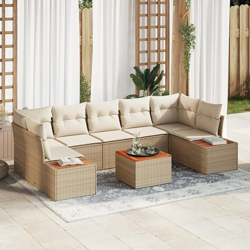 8-teiliges Garten Sofa Set mit Kissen Beige Poly Rattan Akazie Gartenlounge Model3348047