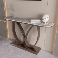 Moderner Konsolentisch für den Eingangsbereich - Elegante Steinplatte, Schmetterlingsgestell aus Metall, Schmaler Beistelltisch für Flur und Wohnzimmer, 150 cm (59 Zoll), Braune Ausführung -
