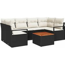 7-teiliges Garten Sofa Set mit Kissen Schwarz Poly Rattan Akazie, 2-Sitzer Garten Sofa mit Kissen Schwarz Poly Rattan Gartenlounge Model3347656