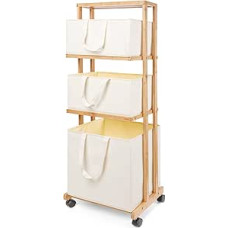 Yorbay Bamboo Laundry Basket with Wheels, Laundry Sorter with 4 Levels, Bathroom Shelf with 3 Storage Baskets, Laundry Basket, Laundry Basket for Bathroom, 121 x 34 x 42 cm, 50 kg Load Capacity,