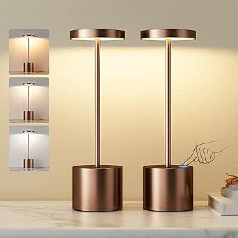 Stalo lempa su baterija, LED stalinė lempa su belaidžiu maitinimu, belaidė stalinė lempa su baterija ir 3 spalvų temperatūromis, jutiklinė naktinė lempa, nuolatinio ryškumo, skirta miegamajam, lauko patalpoms, 2 vnt., kava