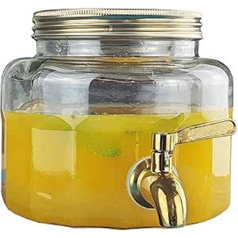 2,8 l auksinio stiklo gėrimų dozatorius su čiaupu šaldytuvui, rombo formos, nerūdijančio plieno čiaupas ir dangtelis, stiklinė talpykla vandeniui, sultims, pienui, ledo kavai, saulės arbatai, maža mini, skaidri, apvali