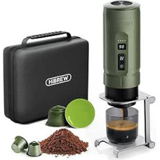 HIBREW H4C Explorer nešiojamasis elektrinis espreso aparatas, įkraunamas per USB-C, skirtas kavos kapsulėms ir maltai kavai, kompaktiškas namams ir kelionėms, su sulankstomu laikikliu ir krepšiu