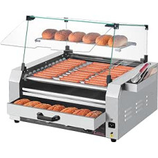 VEVOR Hot Dog Machine 11 ritinėlių nerūdijančio plieno, 2400 W, elektrinis grilis su bandelių šildytuvu ir dangčiu (stiklas + kompiuteris) ir 3 temperatūros reguliatoriais ir šonine laikymo dėže bei aliejaus surinkimo dėže
