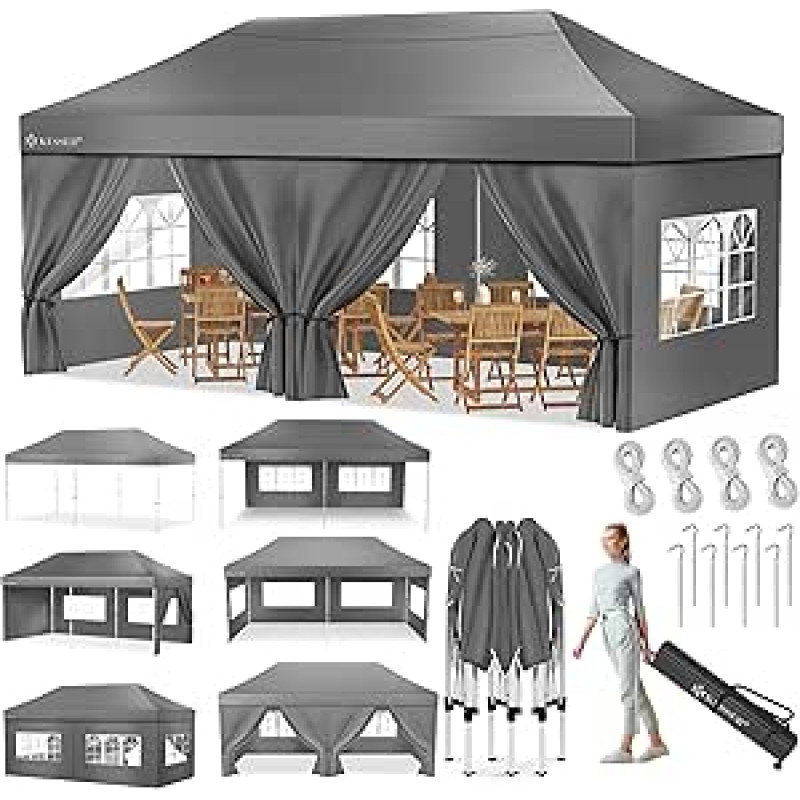 KESSER® Gazebo Sulankstoma pavėsinė 6 x 3 m pavėsinė su 6 nuimamomis šoninėmis sienelėmis Sodo palapinė Reguliuojamo aukščio ir atspari vandeniui + krepšys Ground Anchor Pop-Up Click System UV apsauga 50+ Vakarėlių palapinė Antracitas