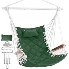 SUNWAY Wooden Hanging Chair with Armrest and Cushion, 350 lbs Capacity Indoor Outdoor Hanging Chair with Spreader Bar, Includes Full Hanging Kit for Patio, Bedroom, Porch