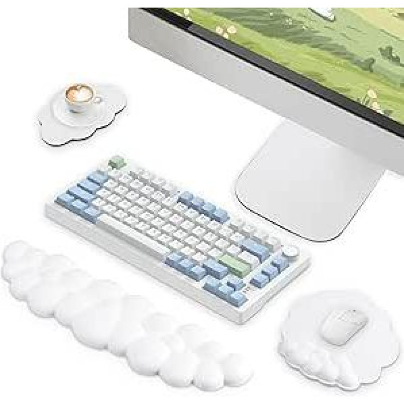 Riešo atrama balta, Ergonominė debesų delnų atrama klaviatūrai su PU odos atminties putomis, riešo atrama pelės kilimėliui, padėkliukas, 
