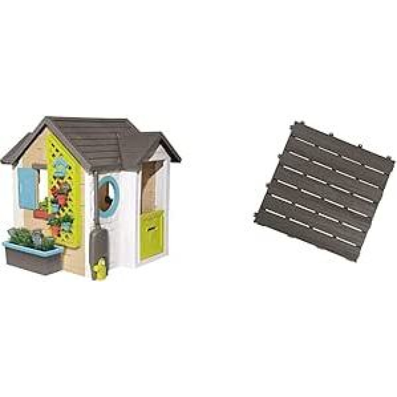 Smoby 810405 - Sodo namelis - žaidimų namelis, skirtas naudoti lauke ir viduje, su mažomis įėjimo durimis ir langais, su daugybe sodo priedų, nuo 2 metų ir 810907 pagrindo plokščių rinkinys su 