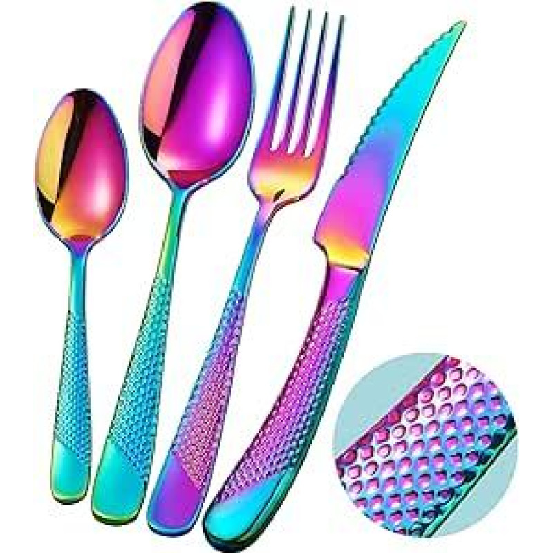 Vaivorykštinis stalo įrankių rinkinys 6 žmonėms, modernus kaltinis su itin aštriu dantytu peiliu 