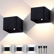FUPE Battery Wall Lamp Indoor with Motion Sensor, Remote Control, Wall Light Up and Down Indoor LED Wall Light, 3 Modes, Rechargeable Battery Operated Wall Lights, Pack of 2, Black