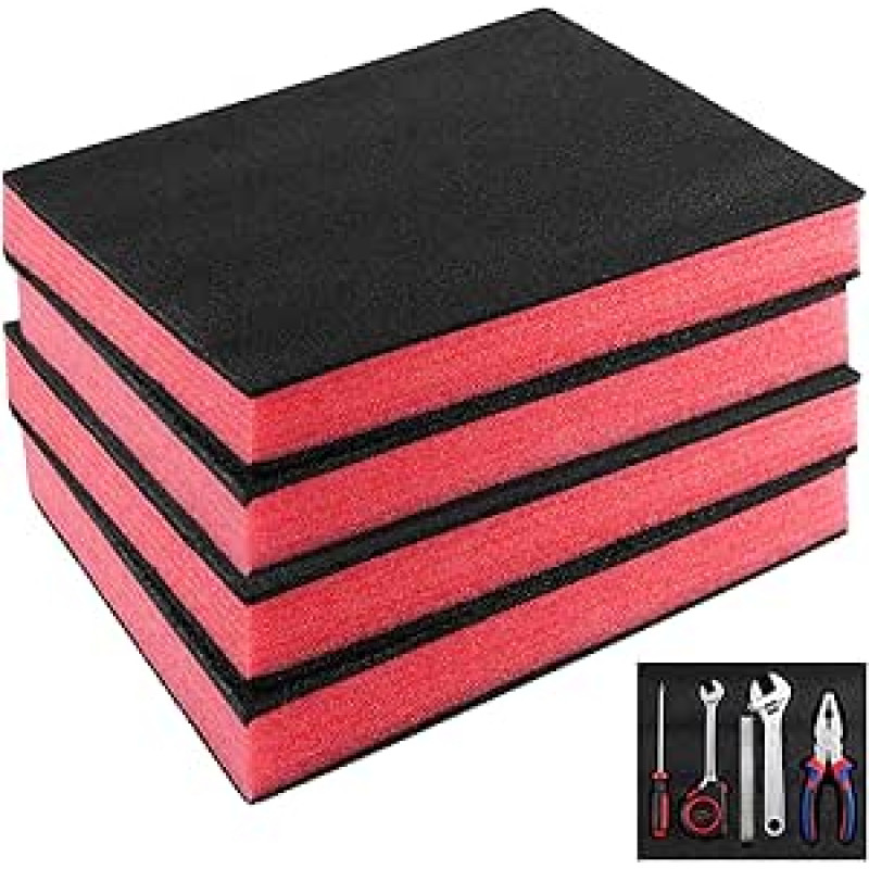 DAJAVE Foam Cut 4 vnt. 40 x 33 x 5 cm putplasčio lentos apibrėžtos įrankių dėžės Putų įdėklai lagaminams, įrankių putos, polietileno putos, juodos/raudonos spalvos