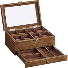 SONGMICS 8 skyriai laikrodžių dėžutė Medžio masyvo laikrodžių dėžutė su stiklo dangčiu Laikrodžių pagalvėlė Papuošalų laikymo dovana jūsų mylimiesiems Riešutmedis JOW008K01