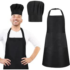 Virėjo kepurės ir prijuostės komplektas, reguliuojama aukšta virėjo prijuostė, vandeniui atspari virtuvės kepimo prijuostė su dviem kišenėmis ir elastinga virėjo kepure vyrams ir moterims, skirta namų virtuvei (juoda)