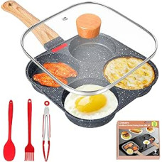 Gimars Fried Egg Pan with Lid, 4 Hole Pancake Pan, Aluminium Non-Stick Frying Pan for Induction Cookers & Gas Hobs, Breakfast Pan for Omelets, Meatballs, Pancakes