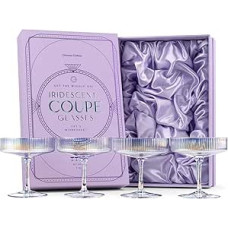 GLASSIQUE CADEAU Vintage Art Deco Iridescent Ribbed Coupe Stiklinės | 4 rinkiniai | 200 ml vaivorykštės kokteilių taurės šampanui, Martini, Daiquiri | Krištolo vaivorykštės šampano taurės