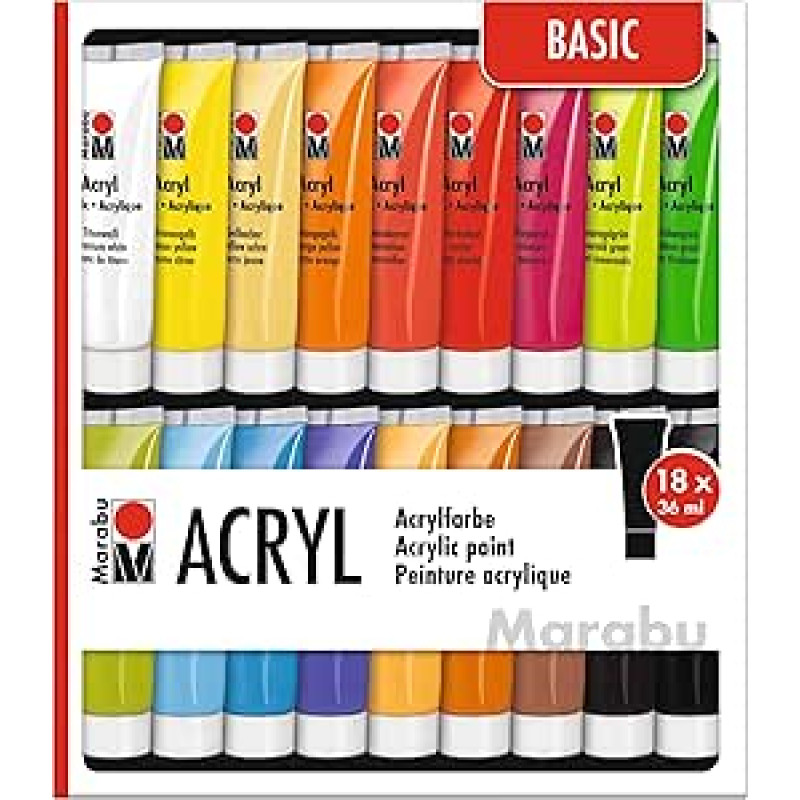 Marabu 1210000000201 - pagrindinis akrilinių dažų rinkinys su 18 x 36 ml vandens pagrindo dažų, tinkančių daugeliui paviršių, greitai džiūstančių, atsparių vandeniui ir neblunkančių