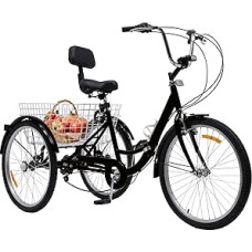 24 colių triratis suaugusiesiems, 7 greičių sulankstomas suaugusiųjų triratis su LED šviesa ir krepšeliu, triračiai dviračiai, skirti suaugusiesiems, senjorams, moterims, vyrams, lauko veiklai