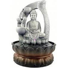 Zen fontanas su Budos statula, LED šviesa ir krioklio efektu, meditacijai, atsipalaidavimui, fengšui, laimės žavesiui, 28 cm aukščio, iš dervos