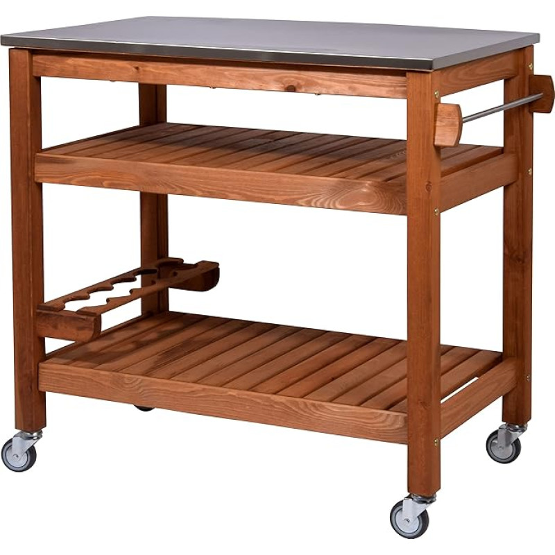 dobar® 35540FSCe Daugiafunkcinis stalas, riedantis šoninis vežimėlis, grilio vežimėlis, medžio masyvas, serviravimo vežimėlis su nerūdijančio plieno lentele, grilio vežimėlis su lentyna, 94 x 58 x 90 cm, rudos spalvos