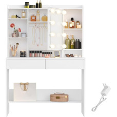 VASAGLE Dressing Table with 9 LED Lighting, 3 Colours with Adjustable Brightness, Dressing Table with Mirror for Makeup, Cosmetic Table with Adjustable Shelves, 2 Drawers, Modern, White RDT126W01