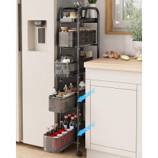 UMDONX Virtuvės vežimėlis Plonas saugojimo vežimėlis su ištraukiamais stalčiais, 5 lygių riedėjimo vežimėlis, metalinis įdubų vežimėlis, serviravimo vežimėlis su ratukais vonios kambariui, virtuvei, svetainei, balkonui (juodas)