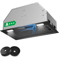 KICHPOWER įmontuojamas gartraukis 52 cm, 750 m³/h, ištraukiamasis / recirkuliacinis, juodas gartraukis, valdymas gestais ir lietimu, 3 galios lygiai ir stiprintuvas, su aktyviosios anglies filtru ir