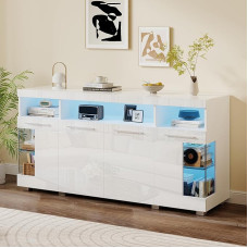 Merax Sideboard with LED Lighting, High Gloss Chest of Drawers Sideboard with 4 Doors & Open Storage Compartments, Multi-Purpose Cabinet with Glass Doors, Storage Cabinet for Living Room, Dining Room