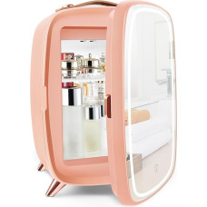 KFO mini kosmetinis šaldytuvas 6 l, itin tylus (20 dB) su LED veidrodžiu, skirtas odos priežiūrai ir makiažui, nedidelis šaldytuvas odos priežiūrai miegamajame ir vonios kambaryje (rožinis)