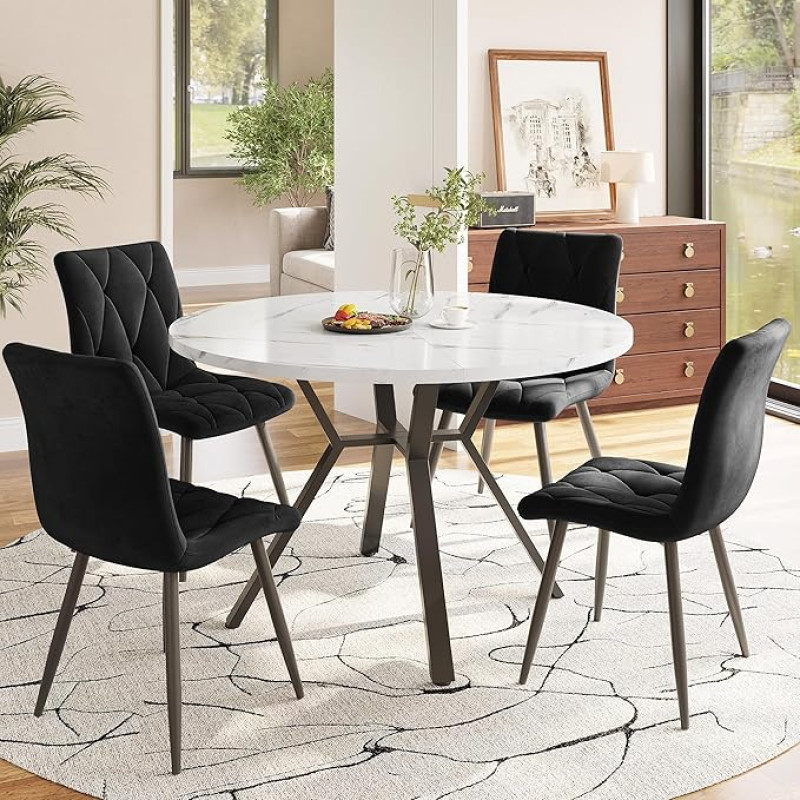 Gxffipw Apvalus valgomojo stalas su 4 kėdėmis, skirtas 4 asmenims, apvalus valgomojo stalas 100 x 100 x 75 cm su juodomis metalinėmis kojomis ir 4 juodo aksomo valgomojo kėdėmis, valgomojo kambario baldai, virtuvės baldai