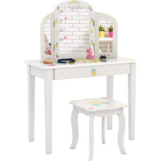 LIFEZEAL Dressing Table Set for Children, Children's Make-Up Table with Cute Patterns & Stool, Dressing Table with Mirror and Drawer, Gift for Girls 3-7 Years Old (Pineapple, 70 x 34 x 95.5 cm)