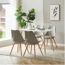 BALTAS valgomojo komplektas su 4 kėdėmis, stačiakampio formos virtuvės stalo komplektas, valgomojo komplektas virtuvei, valgomajam ir svetainei (baltas stalas + 4 pilkos valgomojo kėdės)