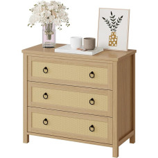 Niwugady Boho stiliaus komoda su 3 stalčiais, Vienos pintinė, rotango komoda su vytelių dizainu ir metalinėmis rankenomis, medinė spintelė miegamajam, svetainei, prieškambariui, 80 x 40 x