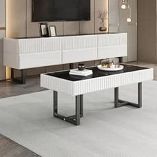 Luxuriöses Wohnzimmermöbel-Set. Kombinierter Couchtisch und TV-Ständer mit minimalistischem Design und kontrastierenden schwarz-weißen Streifen.