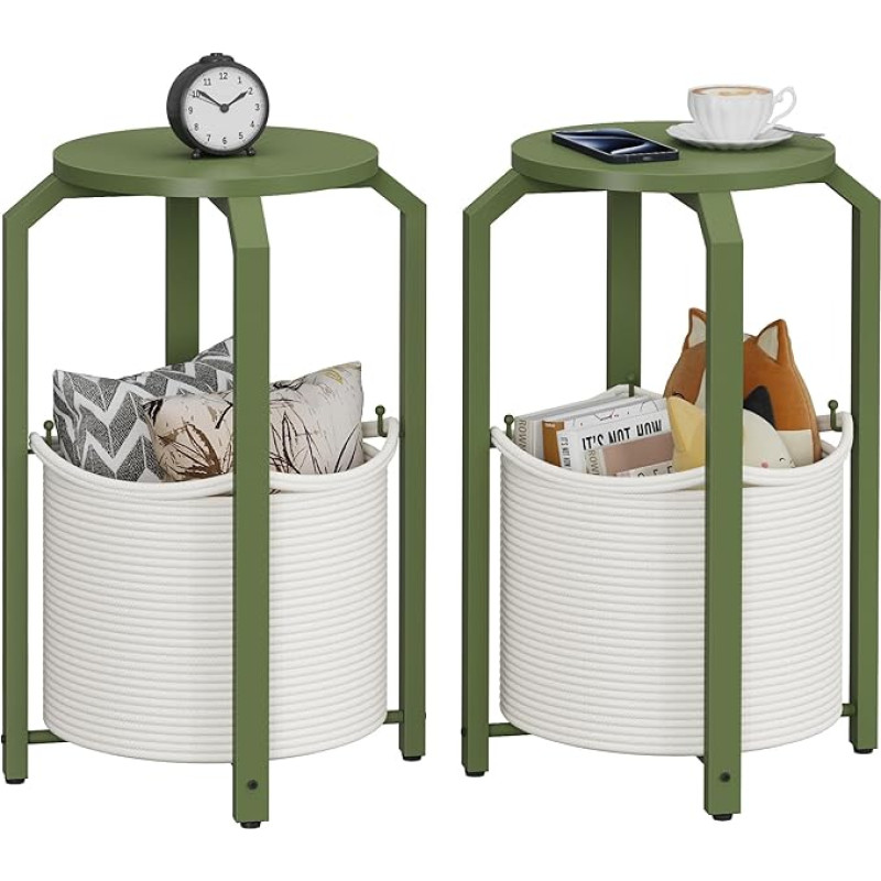 TUTOTAK Kleiner Beistelltisch, runder Beistelltisch, Nachttisch, Nachttisch, Sofatisch mit Aufbewahrungskorb, Wohnzimmer, Schlafzimmer, Olivgrün TB01BOG0922