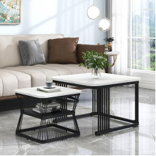 KOMHTOM Juodos ir baltos spalvos kavos staliukas, sofos staliukas, šoninis staliukas su daiktadėže, svetainės staliukas, skirtas svetainei, miegamajam, balkonui (C)