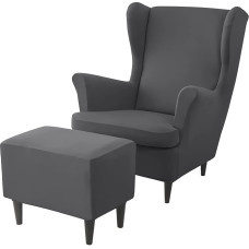 JHLD Stretch Cover for Wing Chair with Ottoman Protective Cover, Spandex Cover for Wing Chair with Stool Cover with Elastic Base Wing Chair Protective Cover – Dark Grey – Pack of 3