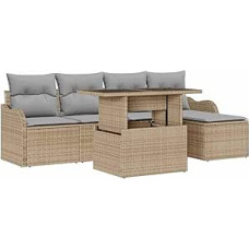 6-teiliges Garten-Sofa-Set mit Kissen Beige Poly Rattan, 2-Sitzer Garten-Sofa mit Kissen Beige Poly Rattan Gartenlounge Modelis3348446