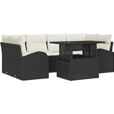 7-teiliges Garten Sofa Set mit Kissen aus schwarzem Poly Rattan Gartenlounge Modelis3348573
