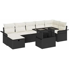 8-teiliges Garten Sofa Set mit Kissen Schwarz Poly Rattan, 2-Sitzer Garten Sofa mit Stauraum & Kissen Schwarz Poly Rattan Gartenlounge Model3361016