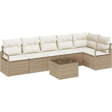 7-teiliges Garten-Sofa Set mit Kissen Braun Poly-Rattan, 2-Sitzer Garten-Sofa mit Kissen Beige Poly-Rattan Gartenlounge Modelis3346411