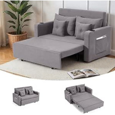 EROMMY sofa su miego funkcija, 2 sėdimųjų vietų išskleidžiama sofa lova su gėrimų laikikliu, USB prievadu ir šoninėmis kišenėmis, metalinis rėmas, kompaktiška sofa lova svetainei, biurui ar svečių kambariui, pilka