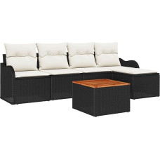 6-teiliges Garten Sofa Set mit Kissen Schwarz Poly Rattan Akazie, 2-Sitzer Garten Sofa mit Kissen Schwarz Poly Rattan Gartenlounge Model3347439
