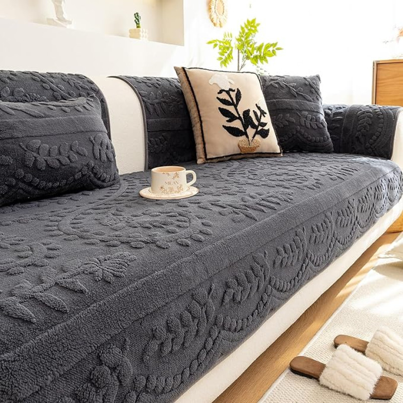 Plüschiger Sofabezug Mit Blumenmuster Warmer Sofaschutz Mit Rutschfester Silikonunterterseite Tierfreundlicher Sofabezug Für Mehrsitzer-Sofas (Dunkelgrau)(110 * 240cm)