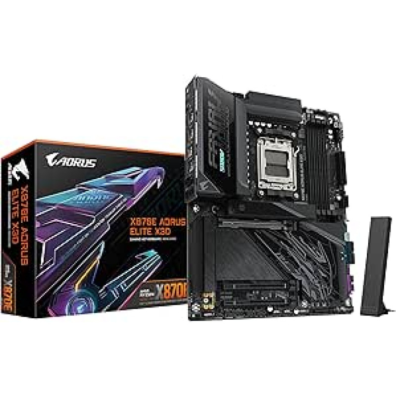 GIGABYTE X870E AORUS Elite X3D Pagrindinė plokštė - palaiko AMD Ryzen 9000 Prozessoren, 16+2+2-fazių skaitmeninis VRM, iki 9000 Hz DDR5 (OC), 2 x PCIe 5.0 + 2 x PCIe 4.0, Wi-Fi 7, 5 GbE LAN, USB 4