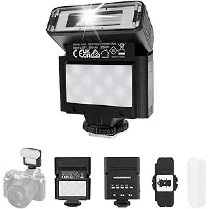 NEEWER BASICS mini fotoaparato blykstė su 2 W LED vaizdo šviesa/GN10/0,5-3,5 s įkrovimo laikas/550 blyksnių/6500K±300K/800 mAh baterija, suderinama su Canon Fujifilm Sony Nikon Ricoh DSLR fotoaparatais Standartinis karštas